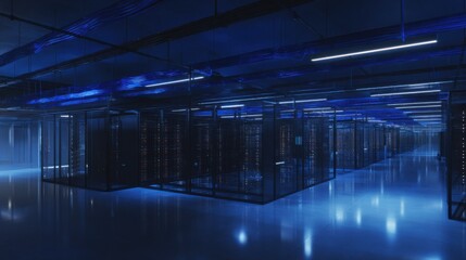 Modern server room with rows of tall black cabinets, glowing indicator lights, blue ceiling cables, and reflective polished floor.
