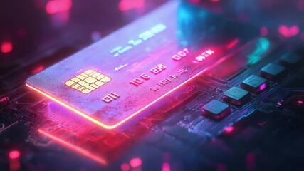 Credit card chip glowing on electronic circuit board with neon light, futuristic digital technology and secure finance payment concept - Powered by Adobe