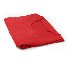A neatly folded red t-shirt, showcasing its vibrant color and simple design.