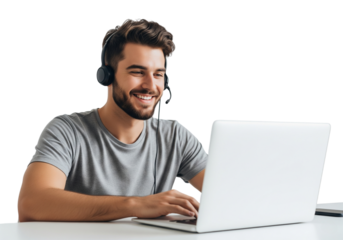 Happy Customer Service Representative using Laptop and Headset