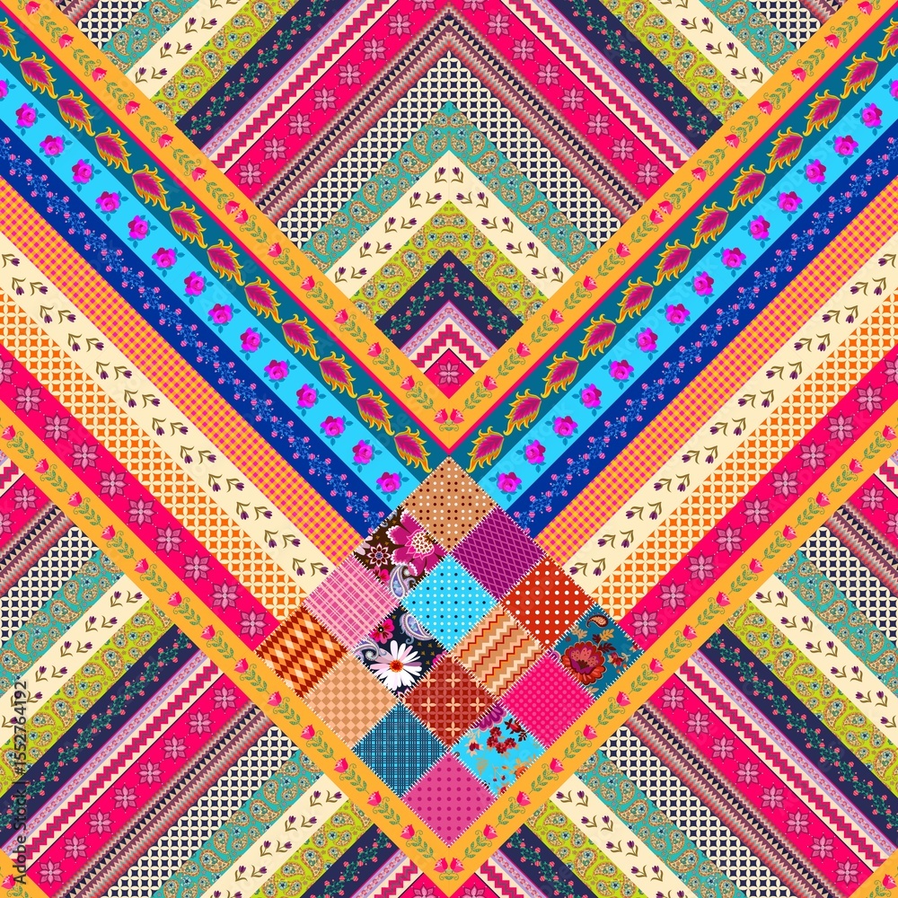 Wall mural boho seamless zigzag patchwork pattern of multicolored stripes and squares with floral and abstract 