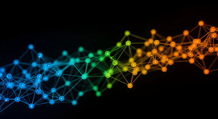 Abstract neural network plexus background, gradient of colors, black backdrop
