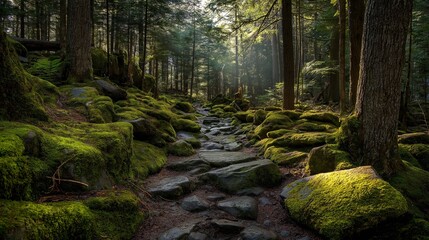 Mossy Forest Path With Sunlight