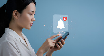 Modern young woman interacting with digital notification on her phone screen