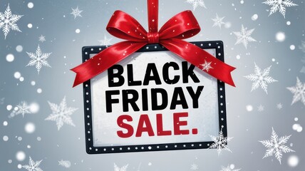 Festive black friday sale announcement with snowflakes and red bow