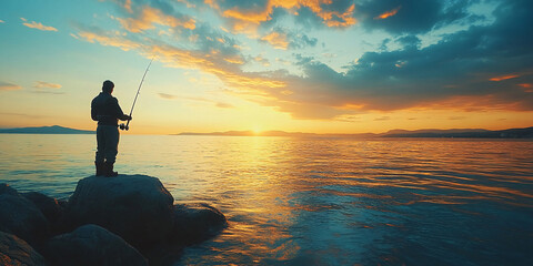 A lone figure fishes on rocks at sunset, enjoying a serene moment by a calm lake.