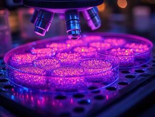 Glowing Petri Dishes Under Fluorescent Microscope Light