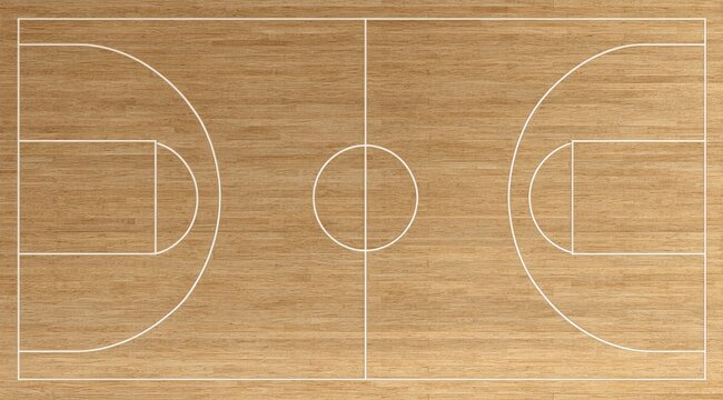 Overhead view of a pristine, light brown hardwood basketball court, featuring clearly marked white lines delineating the playing area, free-throw lines, and center circle