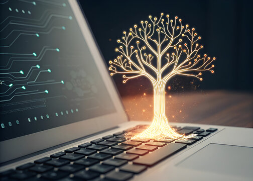 abstract glowing circuit tree emerging from laptop keyboard on dark background with digital data nodes futuristic technology network concept innovation AI computing connection system graphic
 - Powered by Adobe