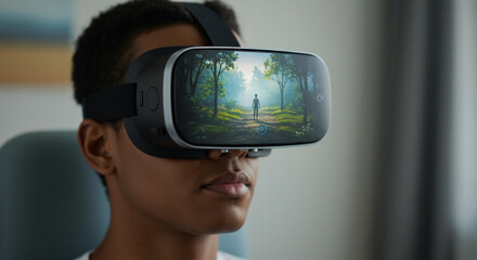 Young Man Experiencing Virtual Reality in Immersive Headset