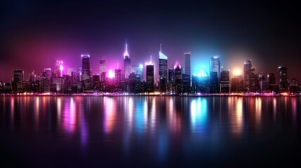 Fototapeta premium Nighttime urban landscape colorful skyline and reflective water