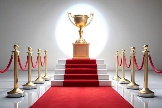 Golden trophy on podium with red carpet and stanchions