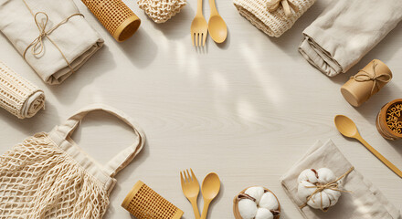 Sustainable lifestyle essentials flat lay on wooden backdrop with soft shadows
