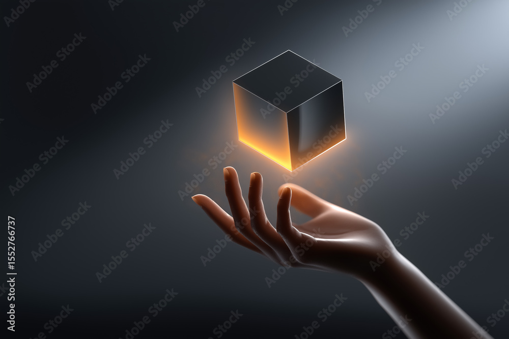 Poster hand reaches up towards a floating glowing cube casting soft light. dark background creates futurist