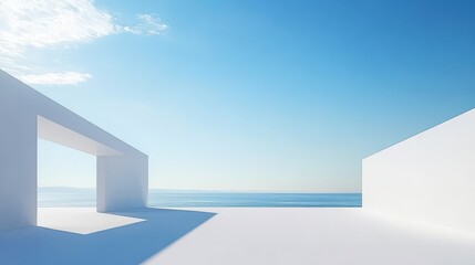 Obraz premium Modern minimalist architecture with open space and ocean view under a clear blue sky