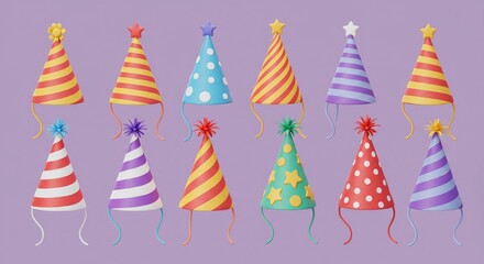 Colorful party hats arrayed on purple background for celebration and design