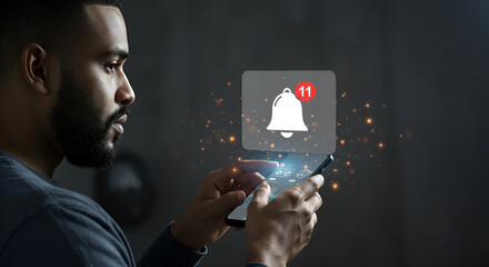 Connected communication, man interacting with vibrant notifications on his phone