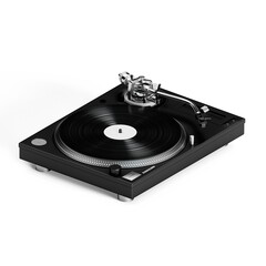 A black turntable with a vinyl record, designed for playing music and enjoying analog sound.
