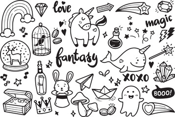 Fantasy Animals and Love Doodle Set – Cute, Magic, Romance, Bunny, Star, Heart