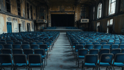 Naklejka premium Empty theater interior with rows of red and blue seats for events or movies