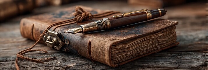Sepia-tone scene of fountain pen resting on vintage notebook with brass latch