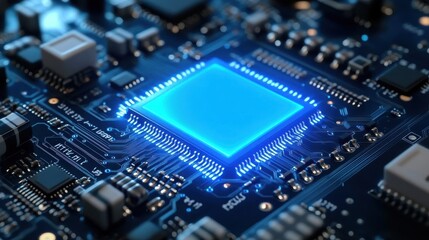 Fototapeta premium Close-up of a glowing blue microprocessor on a circuit board