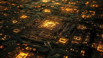 Obraz premium Glowing golden circuit board representing advanced modern technology and data