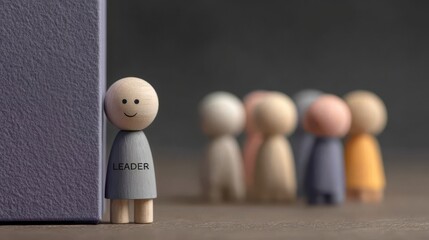 Introverted Leadership Concepts. A wooden figure labeled "LEADER" stands quietly apart from a blurred group of figures, symbolizing calm leadership, and the power of presence without noise.