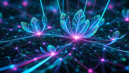 Glowing neon lotus flowers bloom amidst a digital network of light: Quantum Garden Ecosystems: Quantum Garden Ecosystems