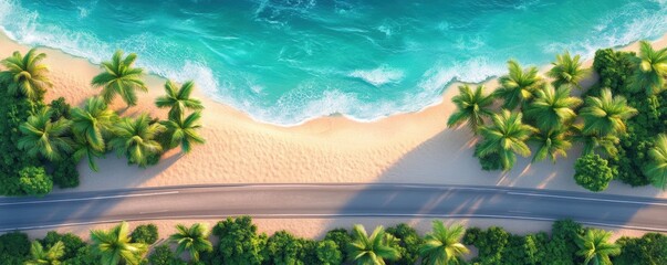 Road lined in Palm Trees,coastal boulevard lined with tall palms on the beach,Beach paradise,Summer beach vibes,Holliday road trip by vehicle.