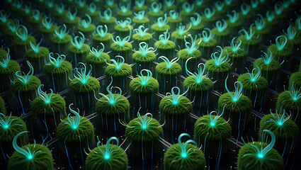 Bioluminescent green organisms with glowing tentacles in a dark textured environment: Quantum Garden Ecosystems