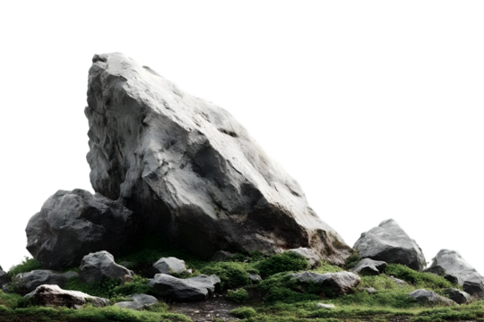 A large, rugged rock surrounded by smaller stones and lush green grass, showcasing the beauty of natural landscapes.