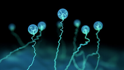 Abstract glowing blue spheres with intricate internal structures connected by luminous wavy lines against a dark background: Quantum Garden Ecosystems