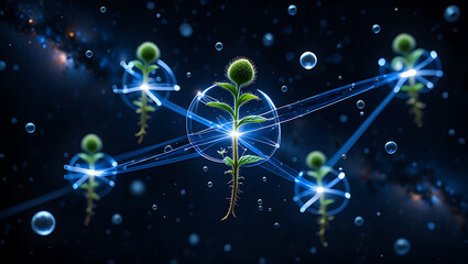Interconnected green sprouts glowing with blue energy in a cosmic nebula: Quantum Garden Ecosystems