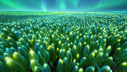 Vibrant green plant stalks illuminated by ethereal green aurora borealis in a nocturnal landscape: Quantum Garden Ecosystems