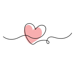 Continuous line drawing of a heart, black and white vector minimalist love concept illustration.
