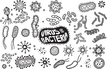 Virus and Bacteria Microscopic Doodle Icons – Germs, Infection, Science, Microbe, Pandemic, Health