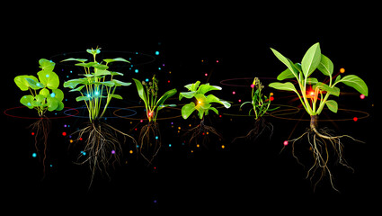 Diverse plant growth stages with glowing particles and orbital rings against a black background: Quantum Garden Ecosystems