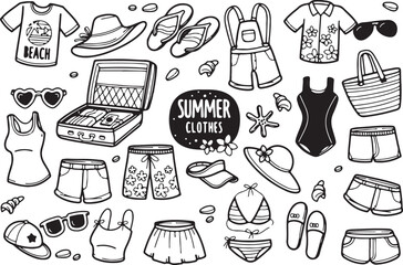 Summer Fashion and Beachwear Doodle Collection – Bikini, Flip-Flops, Swimsuit, Vacation, Trendy, Poolside