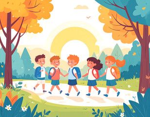 Happy Children Walking to School Together in Autumn