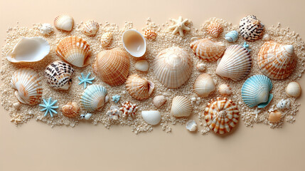 Obraz premium Mockup Assorted seashells and starfish arranged on sandy background with natural beach elements