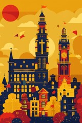 Belgian national day celebration with iconic architecture and festive atmosphere. Vertical banner. Copy space. Flat illustration. Postcard from Brussels