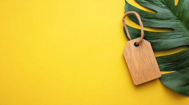 A blank wooden tag with twine hangs near a vibrant green tropical leaf against a sunny yellow background.  Perfect for summer sale promotions or eco-friendly branding.