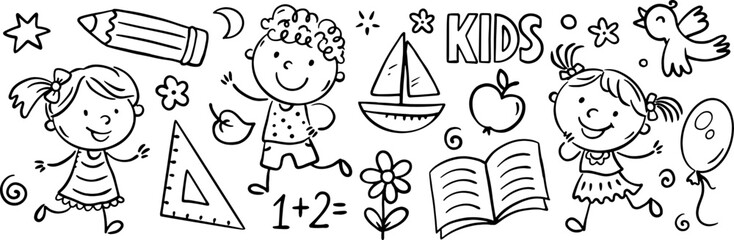 Black and white doodle kids horizontal border