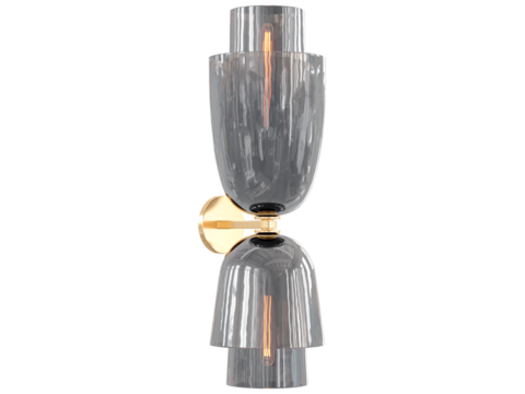 RH Blom Glass Cloche Grand Sconce , Brass / Amber Glass , Elegant Lighting Fixture Against black bachground .