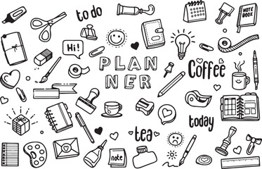  Daily Planner Doodle Icon Set – Organization, Schedule, Coffee, Notes, Journal, To-Do