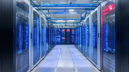 Modern data center aisle with tall black server racks illuminated by blue and red LED lights, smooth light-colored tiled floor, metal grates, and complex ceiling infrastructure.