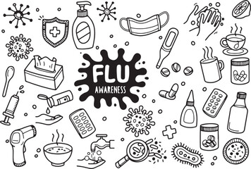  Flu and Illness Doodle Set – Virus, Mask, Medicine, Germs, Health, Prevention