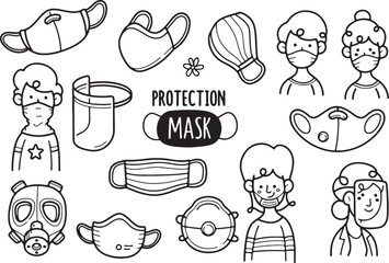 Protection Masks and Safety Items Doodle Set – Medical, Face Mask, Virus, Safety, Hygiene, Pandemic
