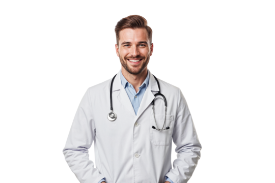 A smiling male doctor in a white coat and stethoscope, isolated on transparent background - Powered by Adobe